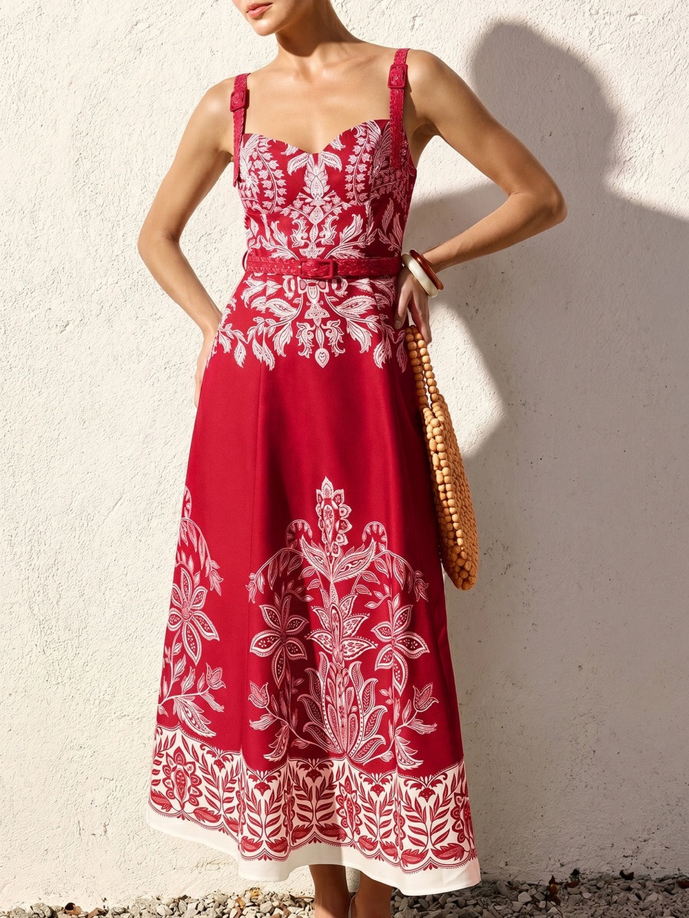 Red Baroque Floral Print Belted Cami Maxi Dress NWT Commense